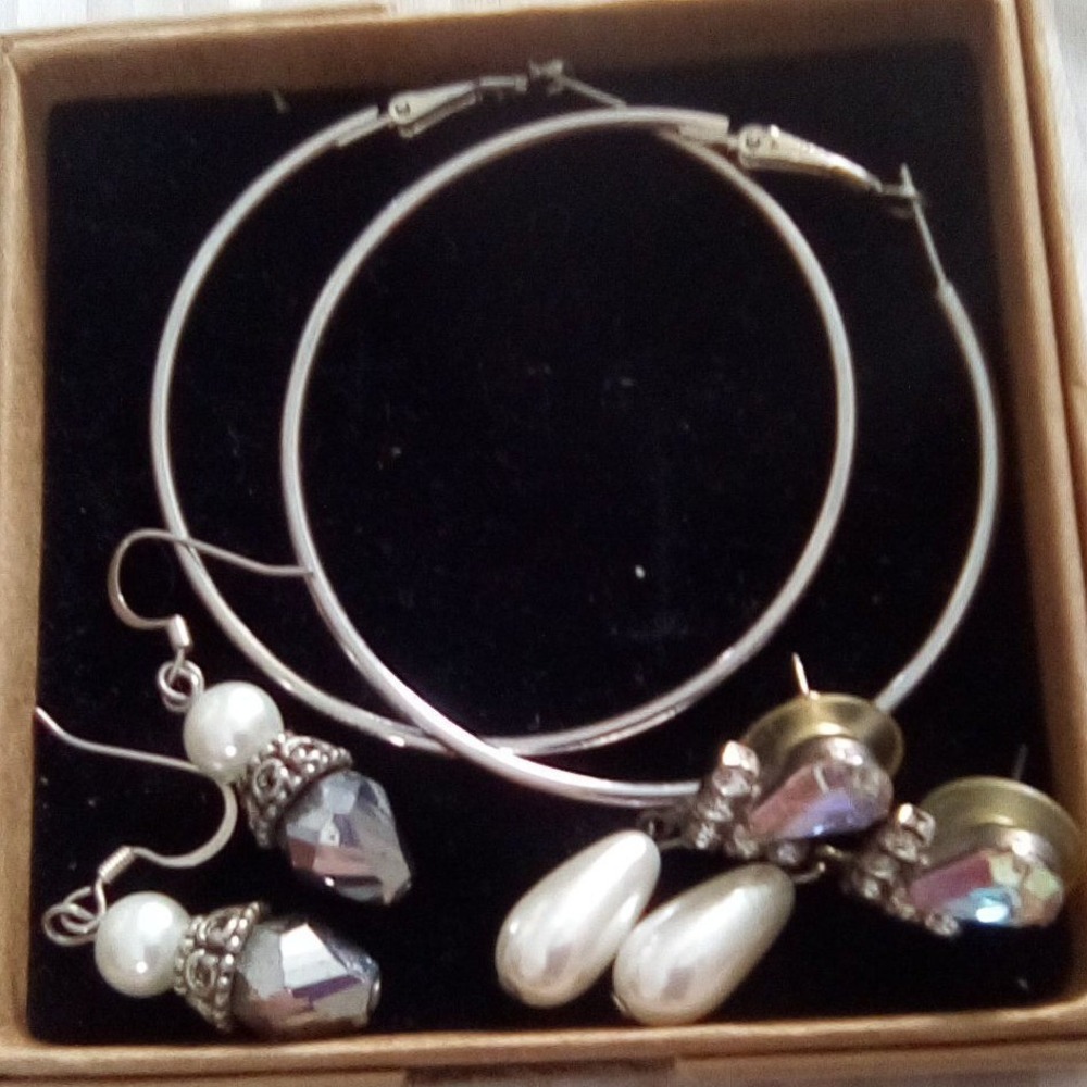 Lot 3 Pairs Silver Tone‎ Earrings Hoop Faux Pearl Crystal Dangle Drop Set Womens